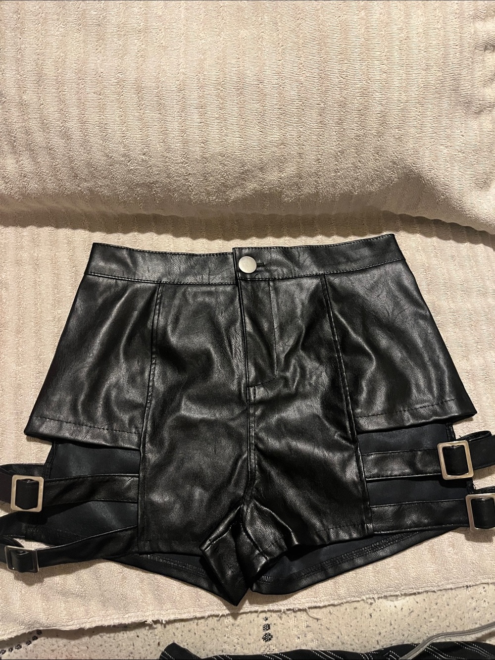 High-Waist Festival Black Faux Leather Buckle Detail Shorts